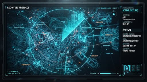 Stylized dark radar map with glowing cyan data points
