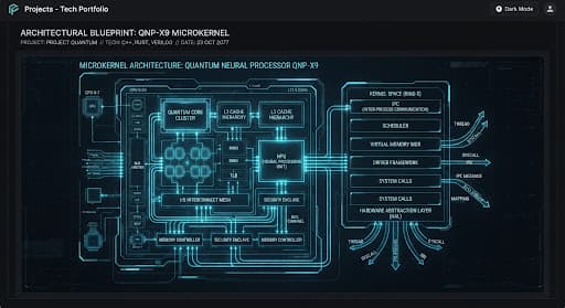 Futuristic technical blueprint of a computer processor with glowing cyan lines