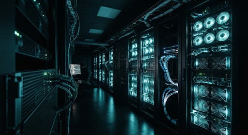 Futuristic server room with cyan glow, tech noir aesthetic